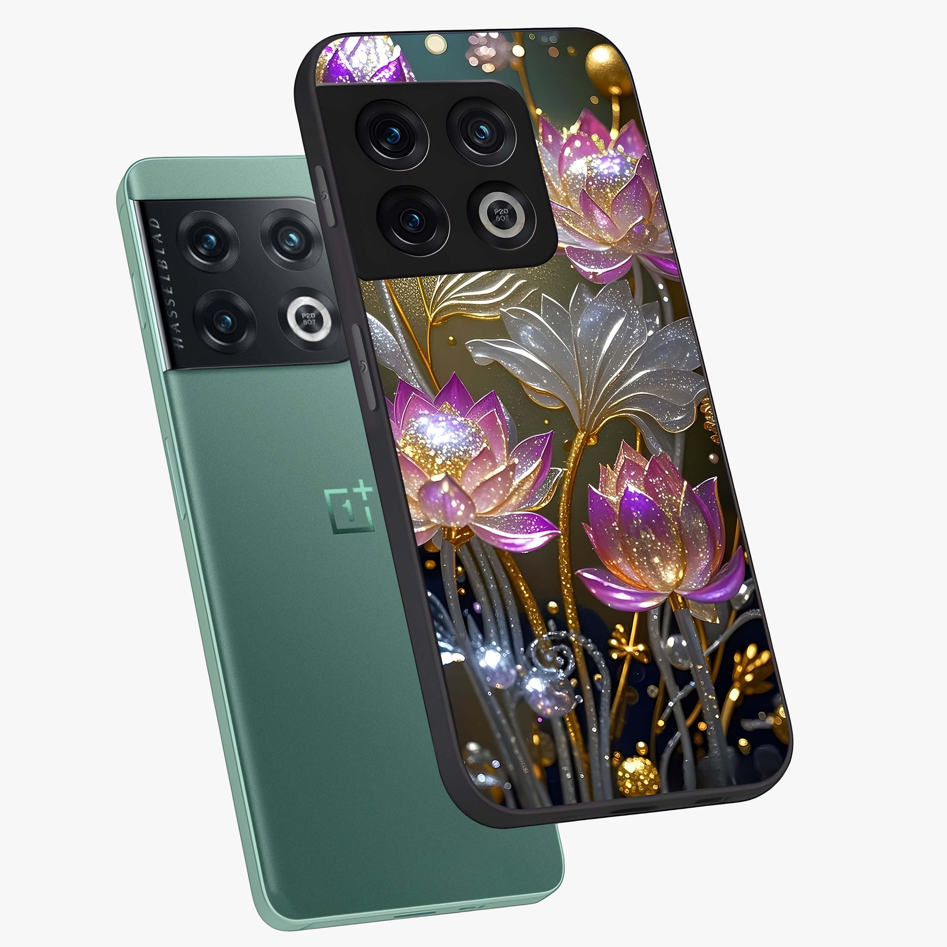 Golden Floral Majesty Glass Case displayed in angled mockup highlighting elegant flower design with royal golden aesthetic.