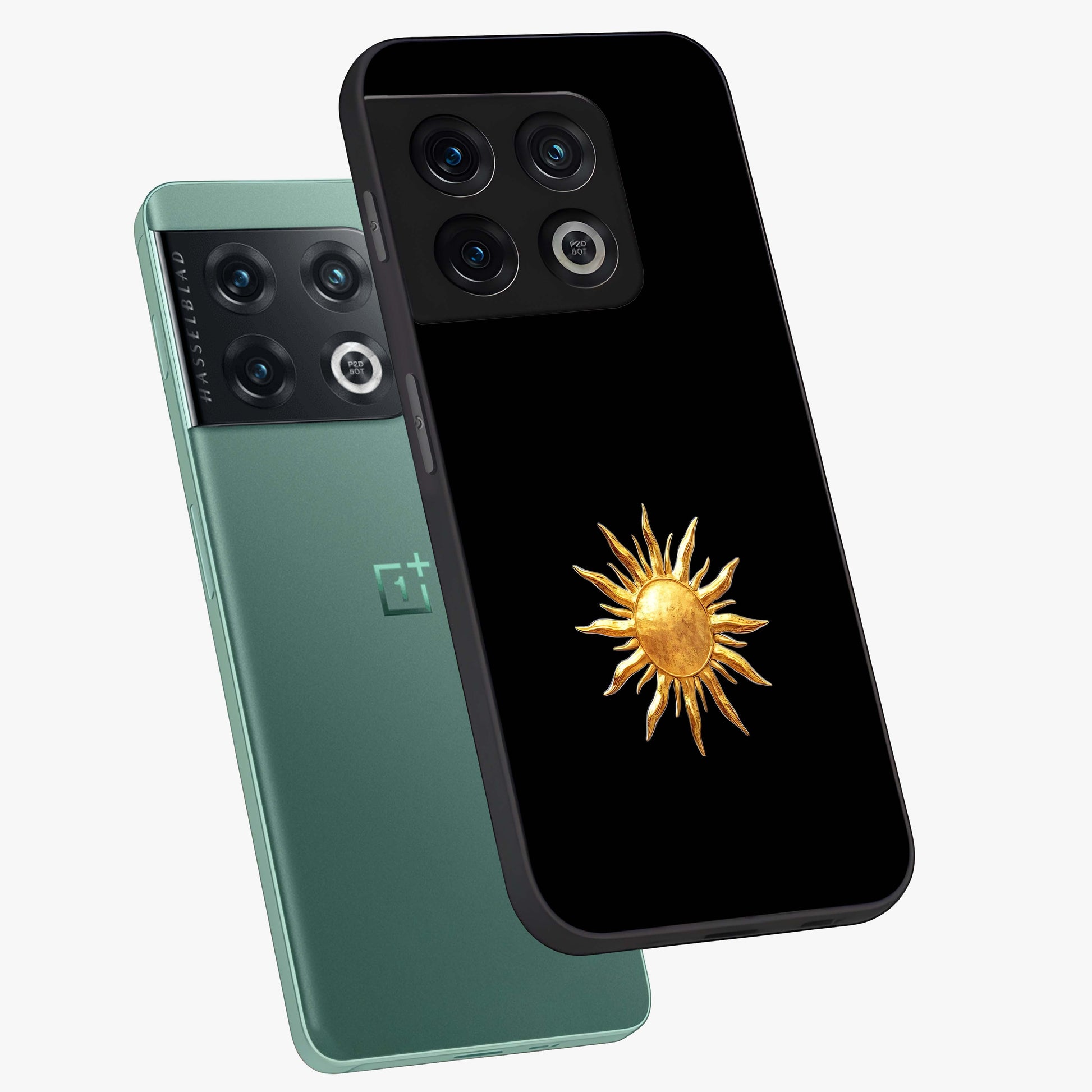 Golden Sun Minimalism Glass Case displayed in angled mockup highlighting eerie shadow illustration with gothic aesthetic.