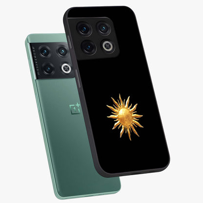 Golden Sun Minimalism Glass Case displayed in angled mockup highlighting eerie shadow illustration with gothic aesthetic.