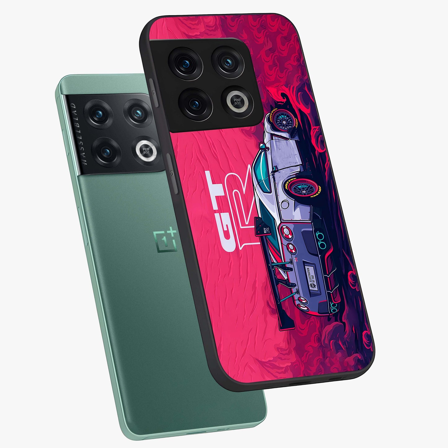 GT-R Car Pattern Glass Case displayed in angled mockup highlighting racing car graphic design with bold automotive aesthetic.