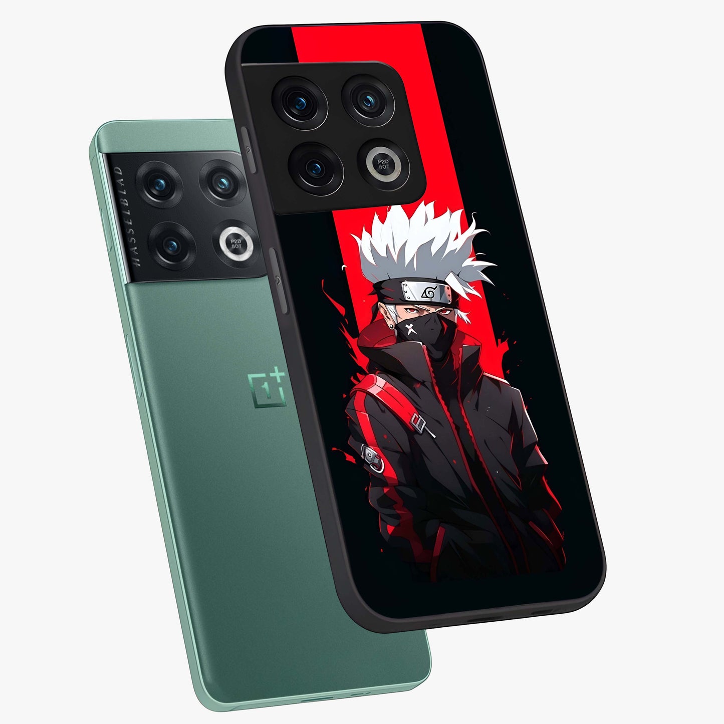 Kakashi Scarlet Shadow Glass Case displayed in angled mockup highlighting dramatic ninja illustration with scarlet themed aesthetic.