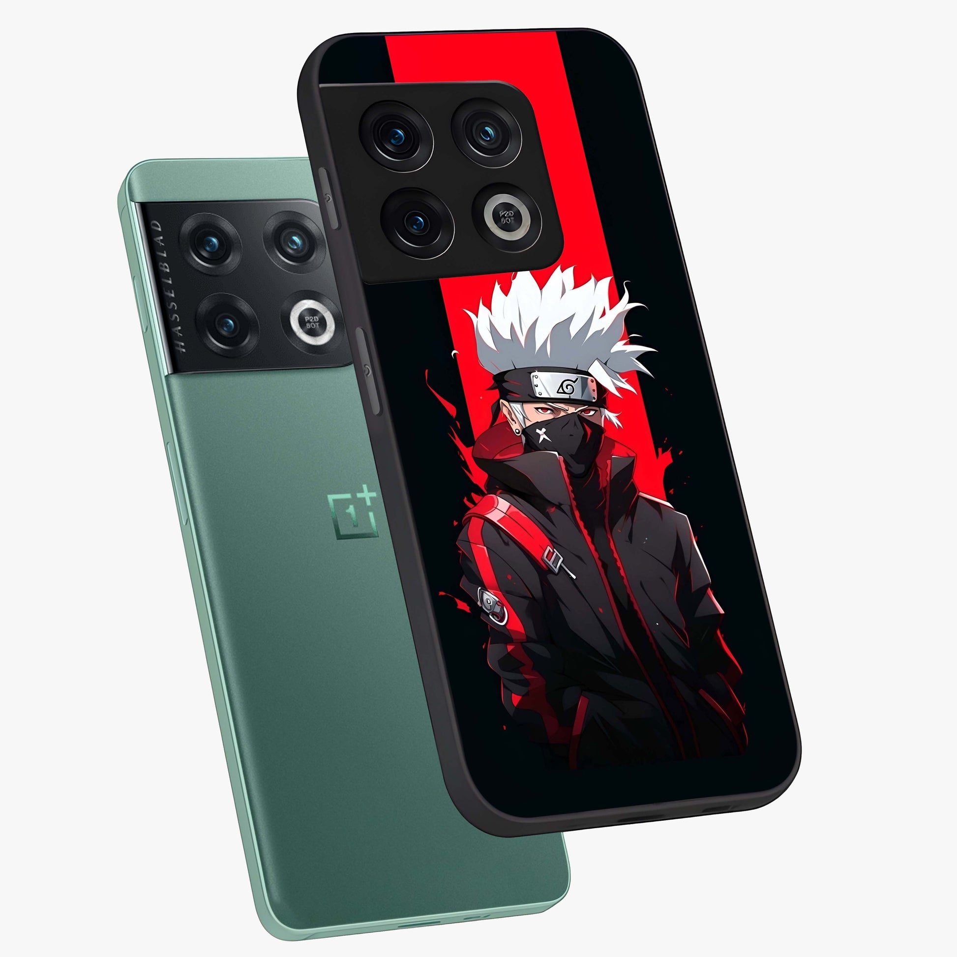 Kakashi Scarlet Shadow Glass Case displayed in angled mockup highlighting dramatic ninja illustration with scarlet themed aesthetic.