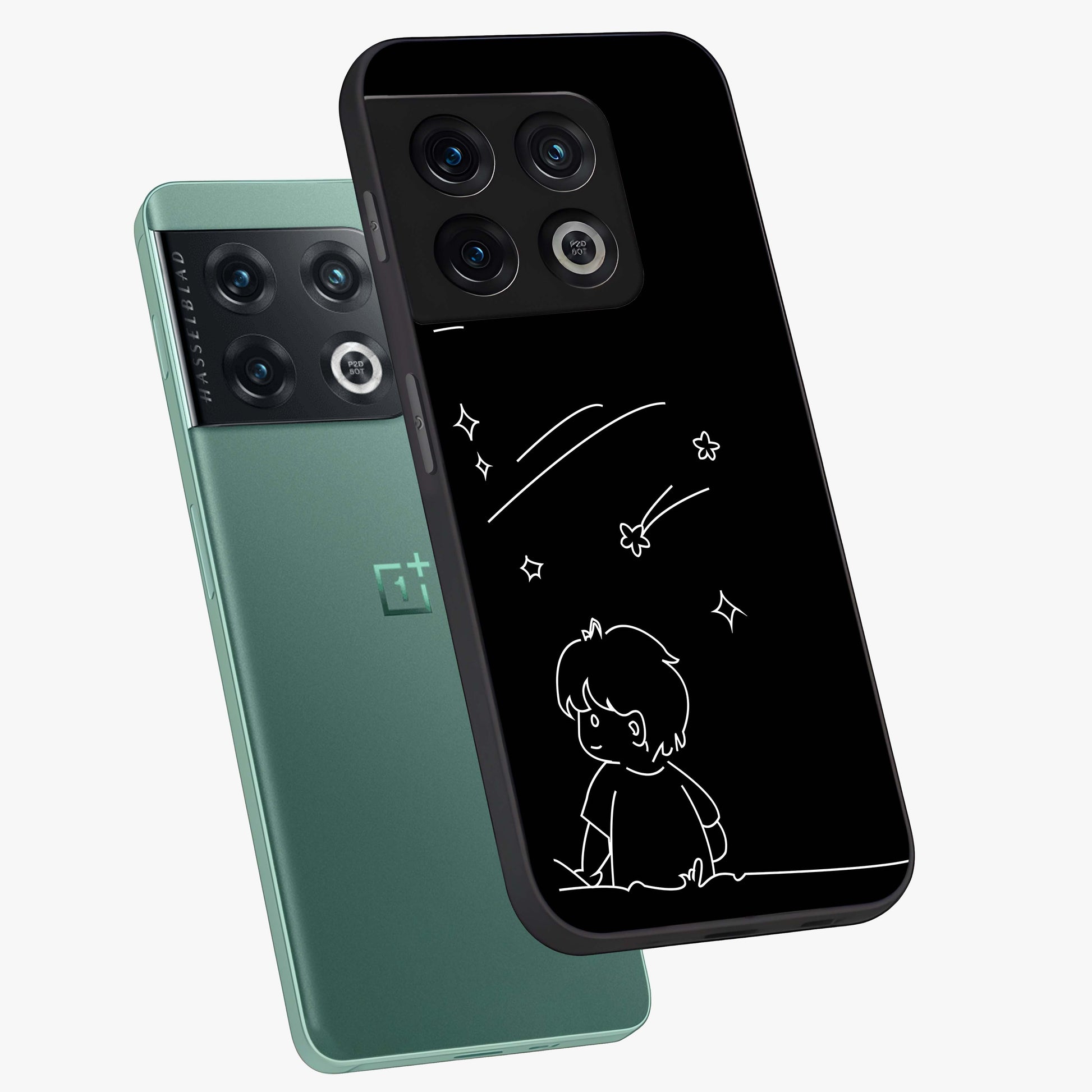 Line Art Boy With Shooting Stars Glass Case displayed in angled mockup highlighting elegant line art design with dreamy star aesthetic.