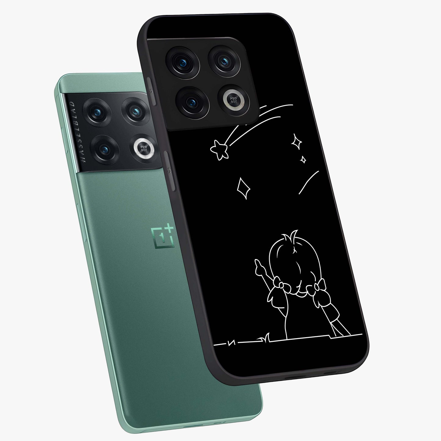 Line Art Girl With Shooting Stars Glass Case displayed in angled mockup highlighting elegant line art design with dreamy star aesthetic.