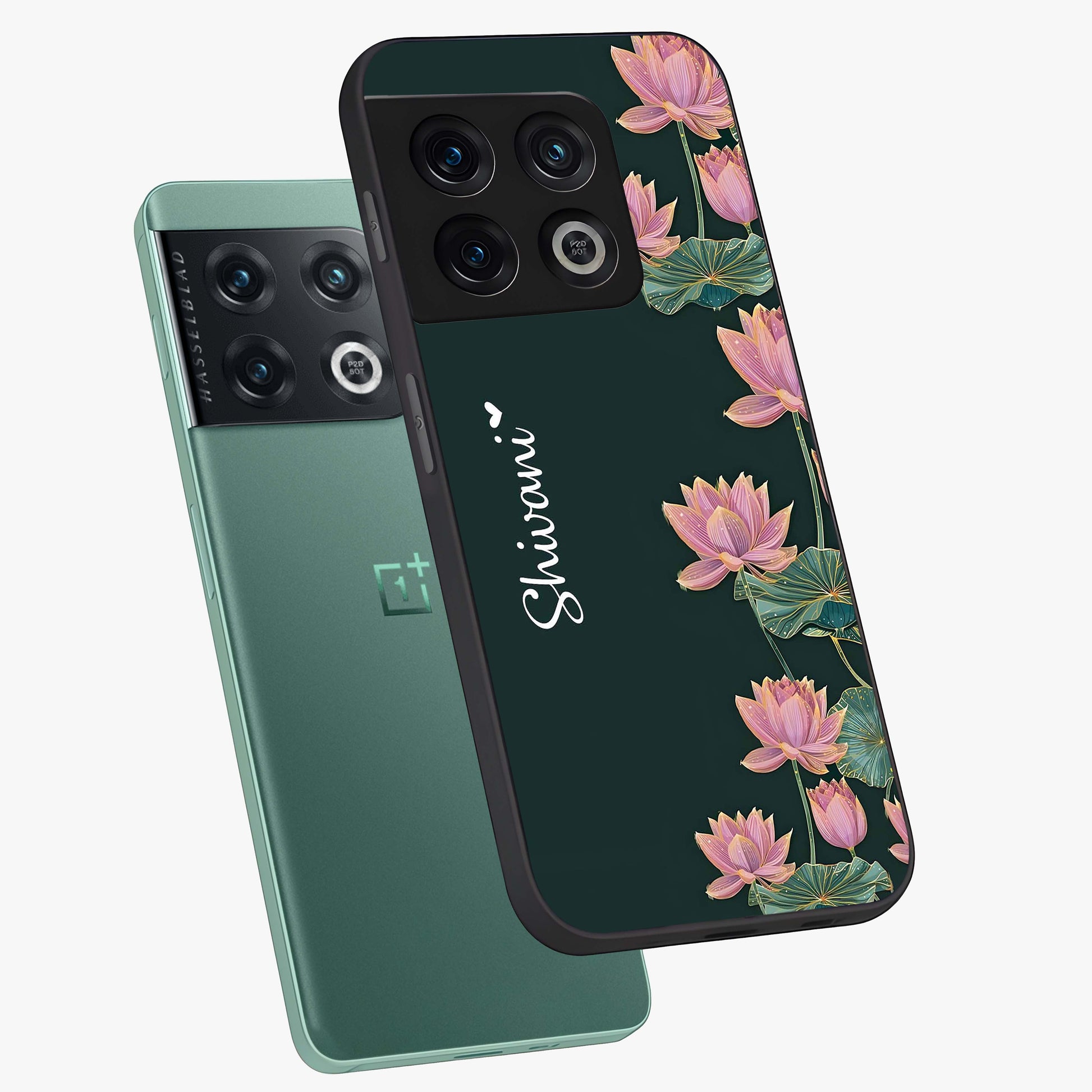 Lotus Bloom Serenity Custom Name Glass Case displayed in angled mockup highlighting graceful lotus illustration with custom name feature.