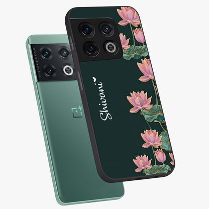 Lotus Bloom Serenity Custom Name Glass Case displayed in angled mockup highlighting graceful lotus illustration with custom name feature.