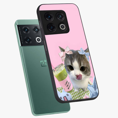 Love Matcha Cat Glass Case displayed in angled mockup highlighting playful feline illustration with cozy matcha aesthetic.