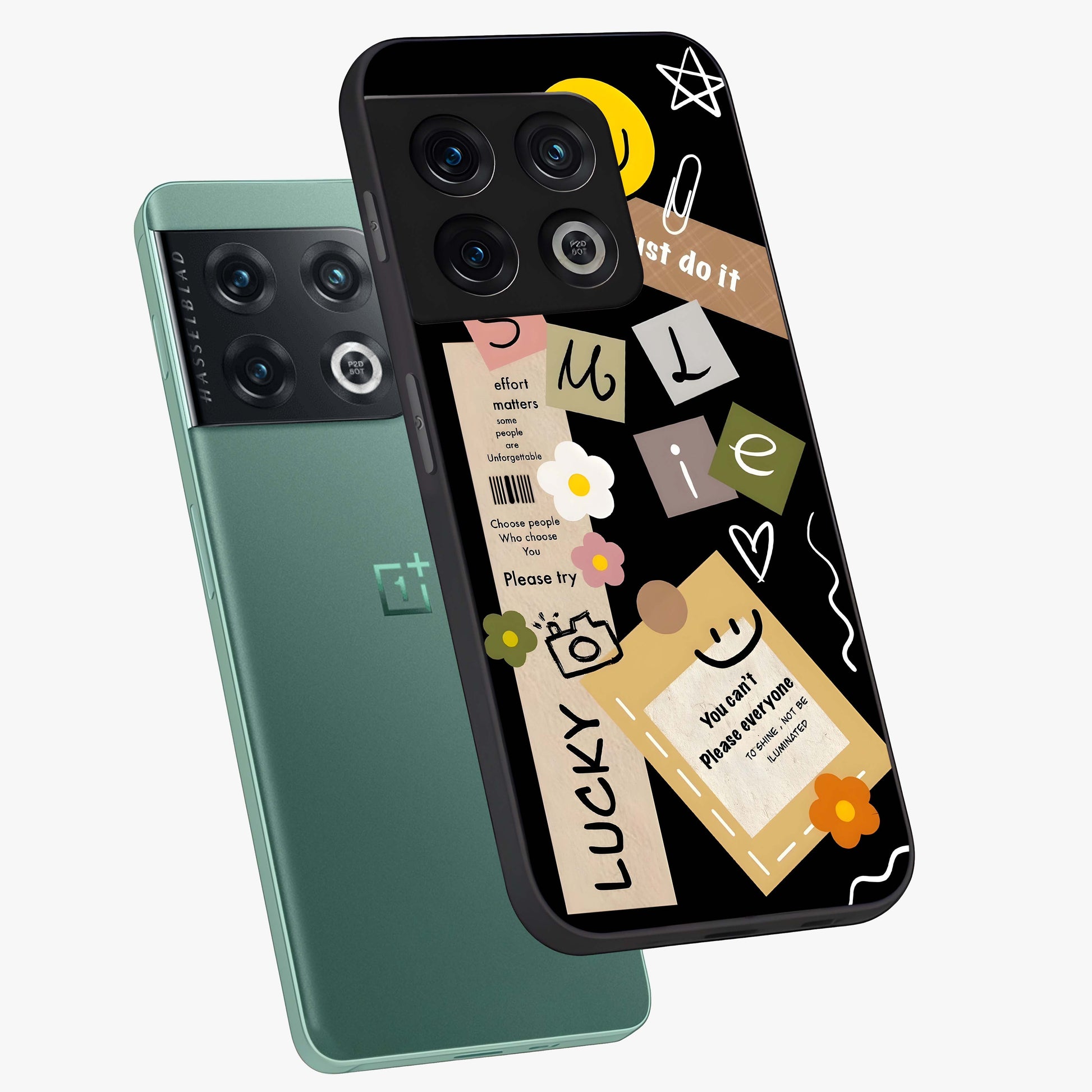 Lucky Aesthetic Collage Glass Case displayed in angled mockup highlighting stylish collage pattern with modern aesthetic vibe.