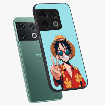 Luffy Summer Anime Vibe Glass Case displayed in angled mockup highlighting energetic anime illustration with summer vibe aesthetic.