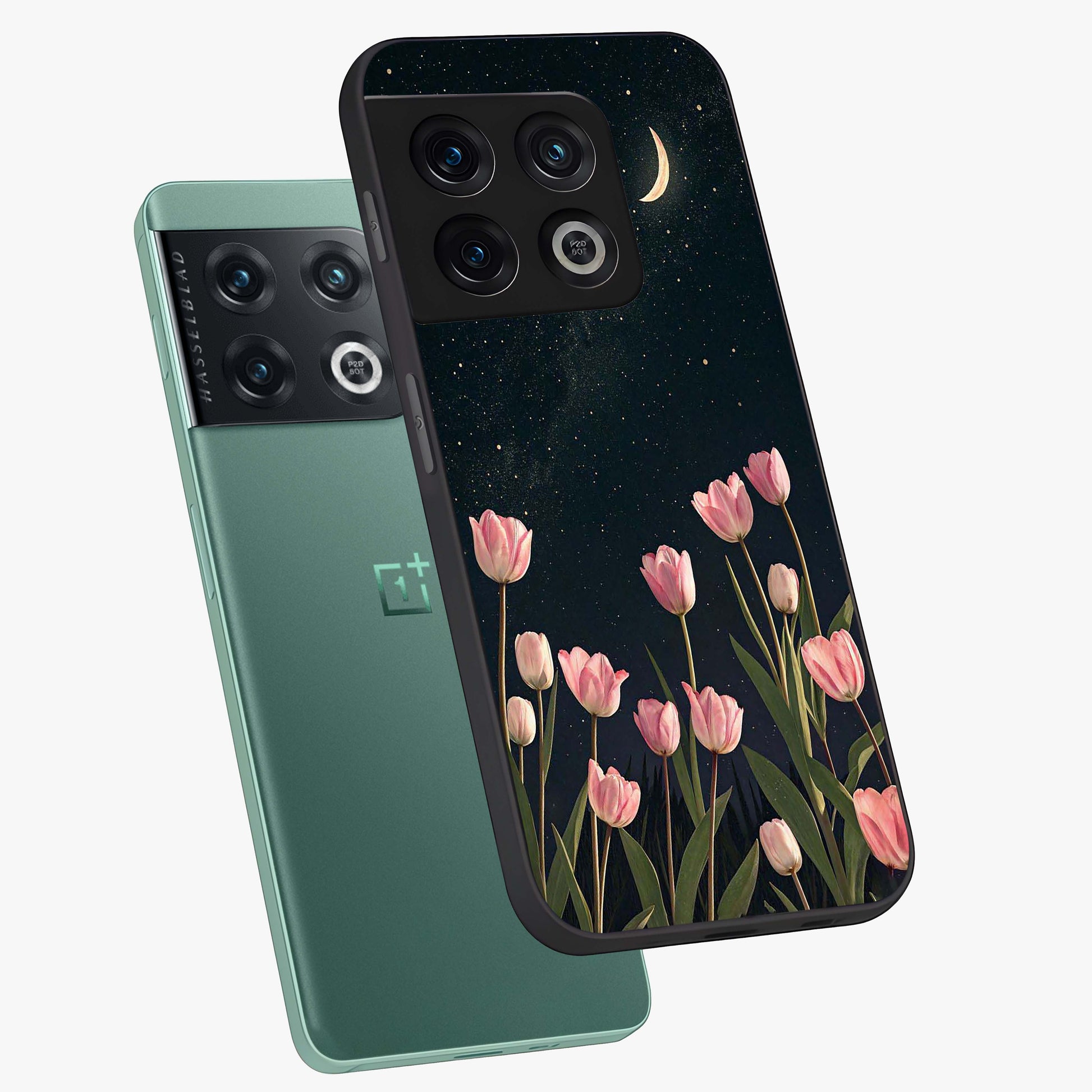 Midnight Tulip Whispers Vibe Glass Case displayed in angled mockup highlighting delicate tulip design with midnight floral aesthetic.
