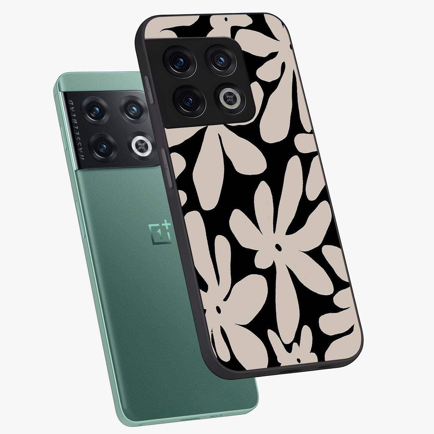 Monochrome Petal Dance Glass Case displayed in angled mockup highlighting elegant petal design with black and white aesthetic.
