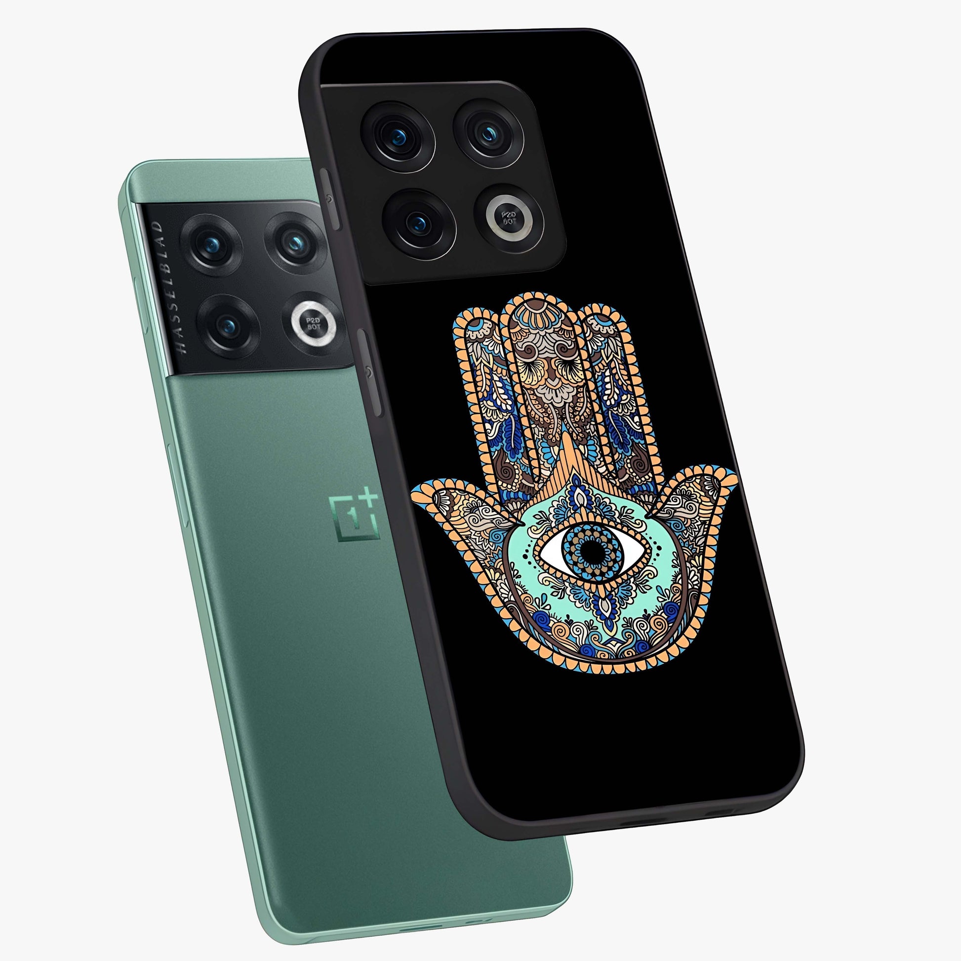 Mystic Hamsa Eye Glass Case displayed in angled mockup highlighting spiritual hamsa symbol with mystical aesthetic style.