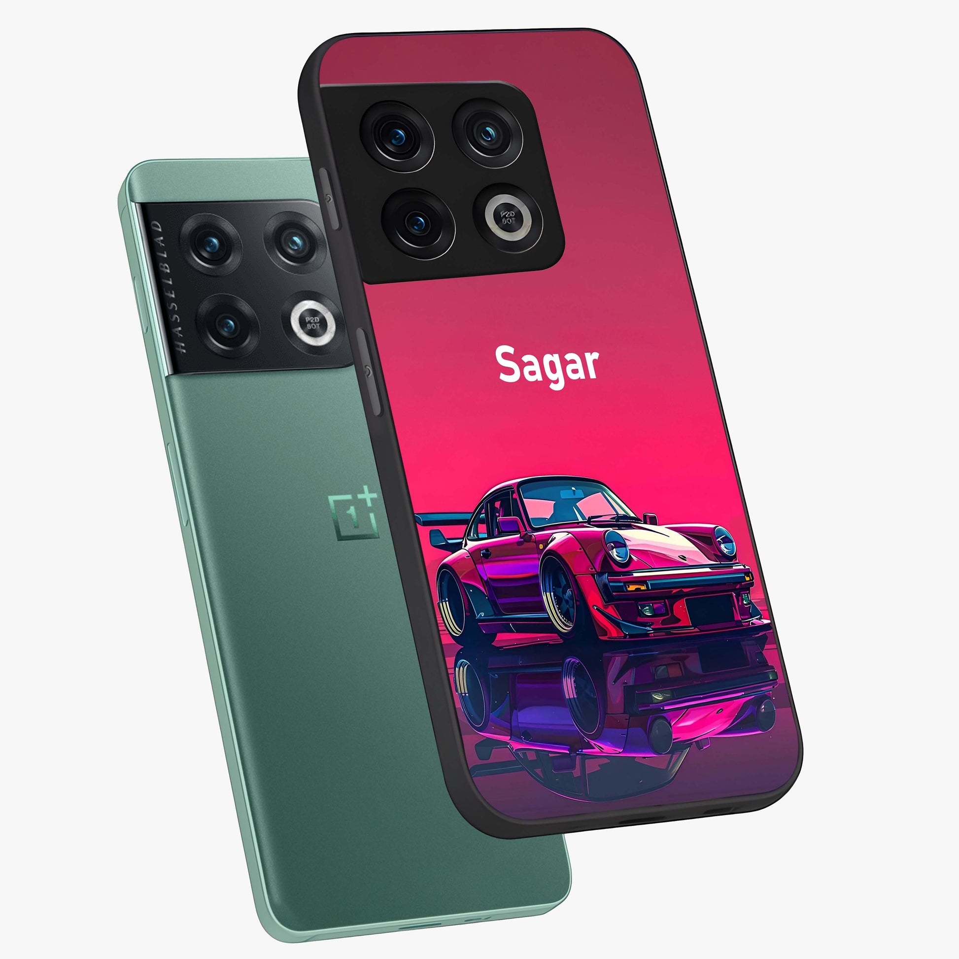 Neon Pink Porsche Glass Case displayed in angled mockup highlighting sleek neon pink car design with racing aesthetic.