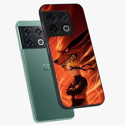 Nine Tails Legacy Glass Case displayed in angled mockup highlighting dynamic anime beast illustration with bold mystical aesthetic.