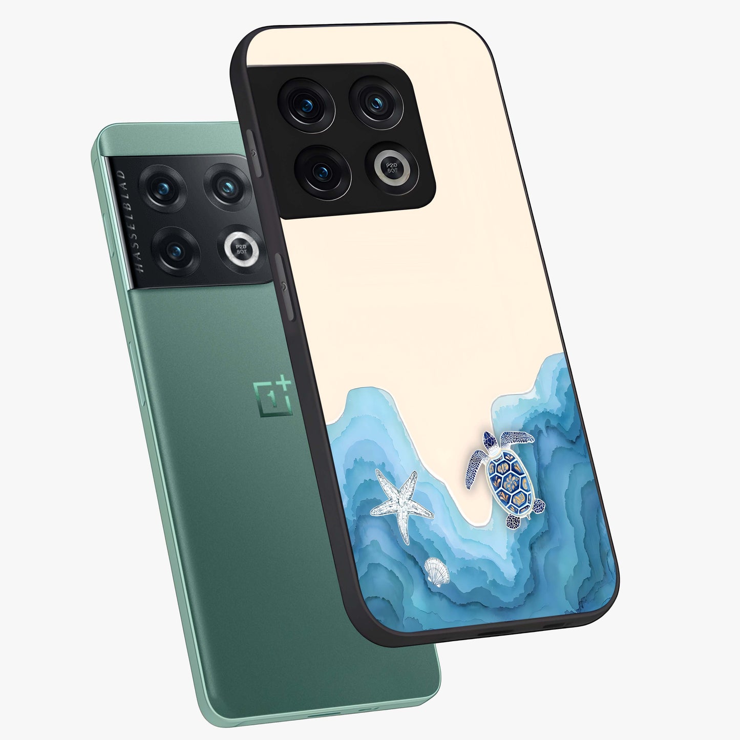 Ocean Drift Turtle Glass Case displayed in angled mockup highlighting peaceful ocean turtle illustration with marine aesthetic.
