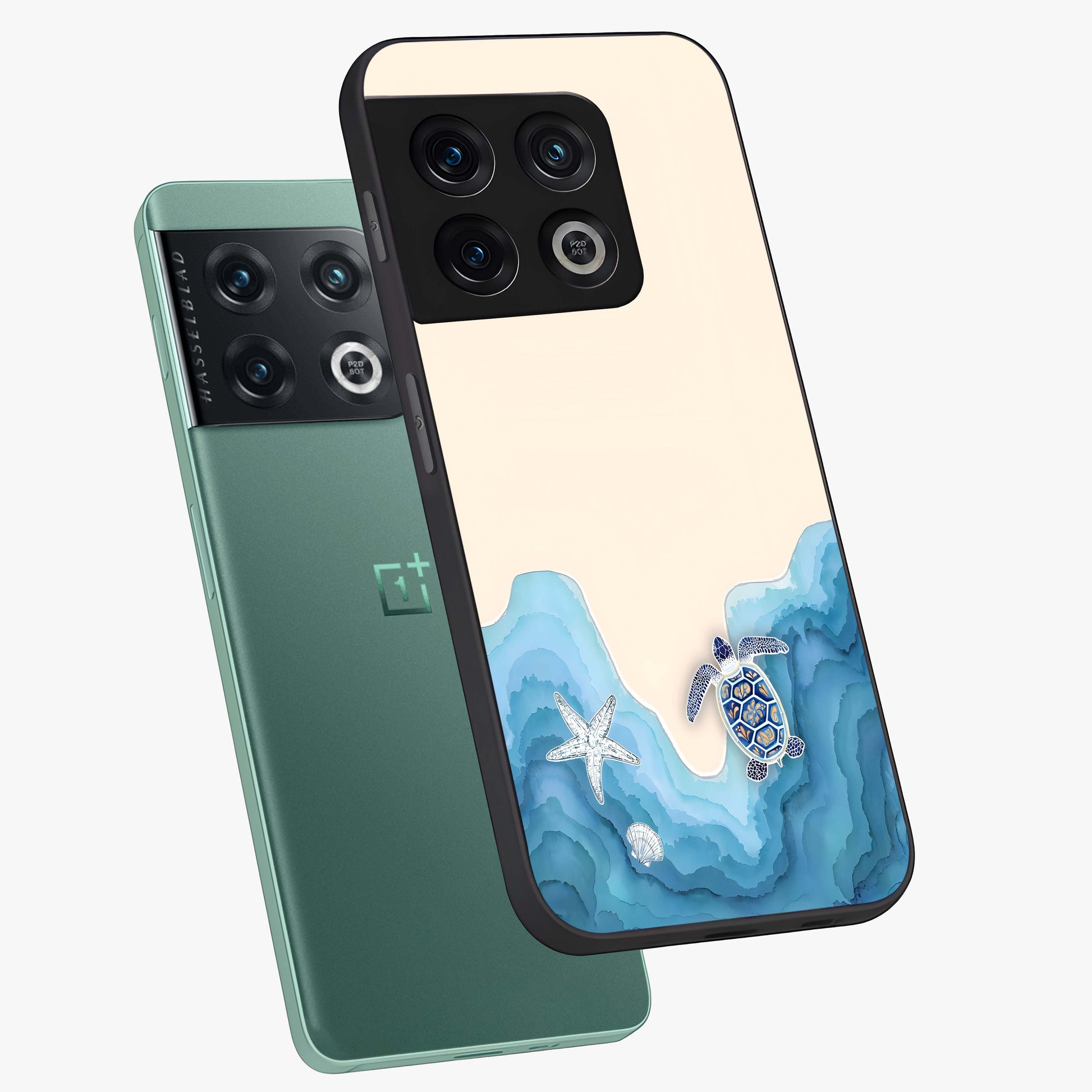 Ocean Drift Turtle Glass Case displayed in angled mockup highlighting peaceful ocean turtle illustration with marine aesthetic.