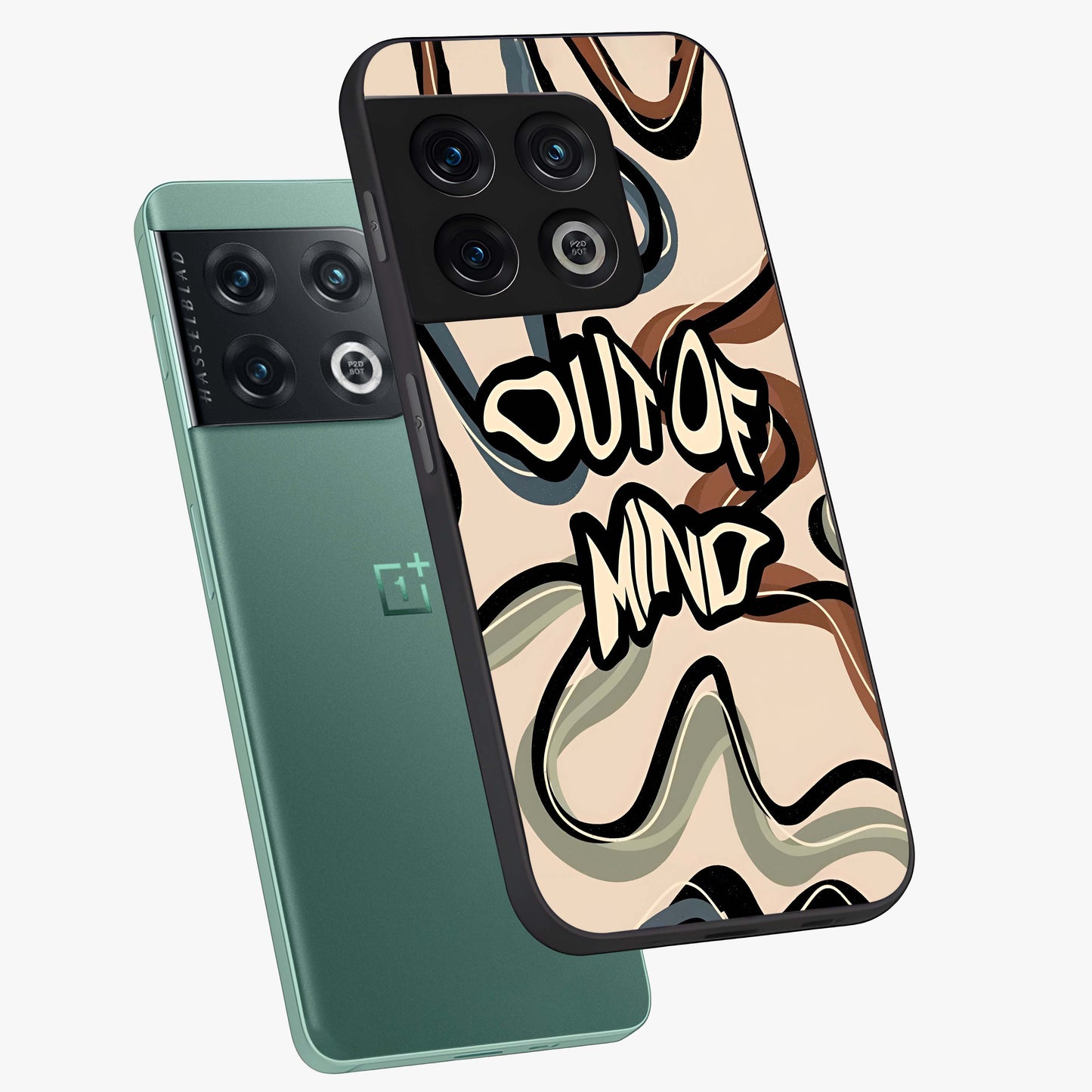 Out Of Mind Glass Case displayed in angled mockup highlighting bold statement design with modern artistic aesthetic.