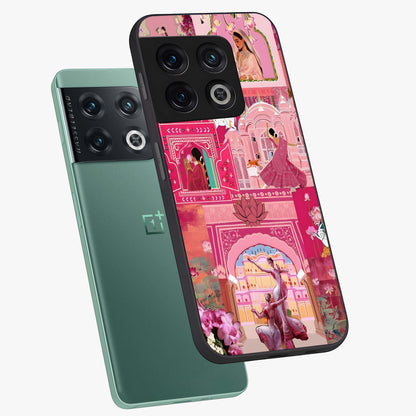 Pink Palace Muse Glass Case displayed in angled mockup highlighting dreamy palace illustration with soft pink aesthetic.