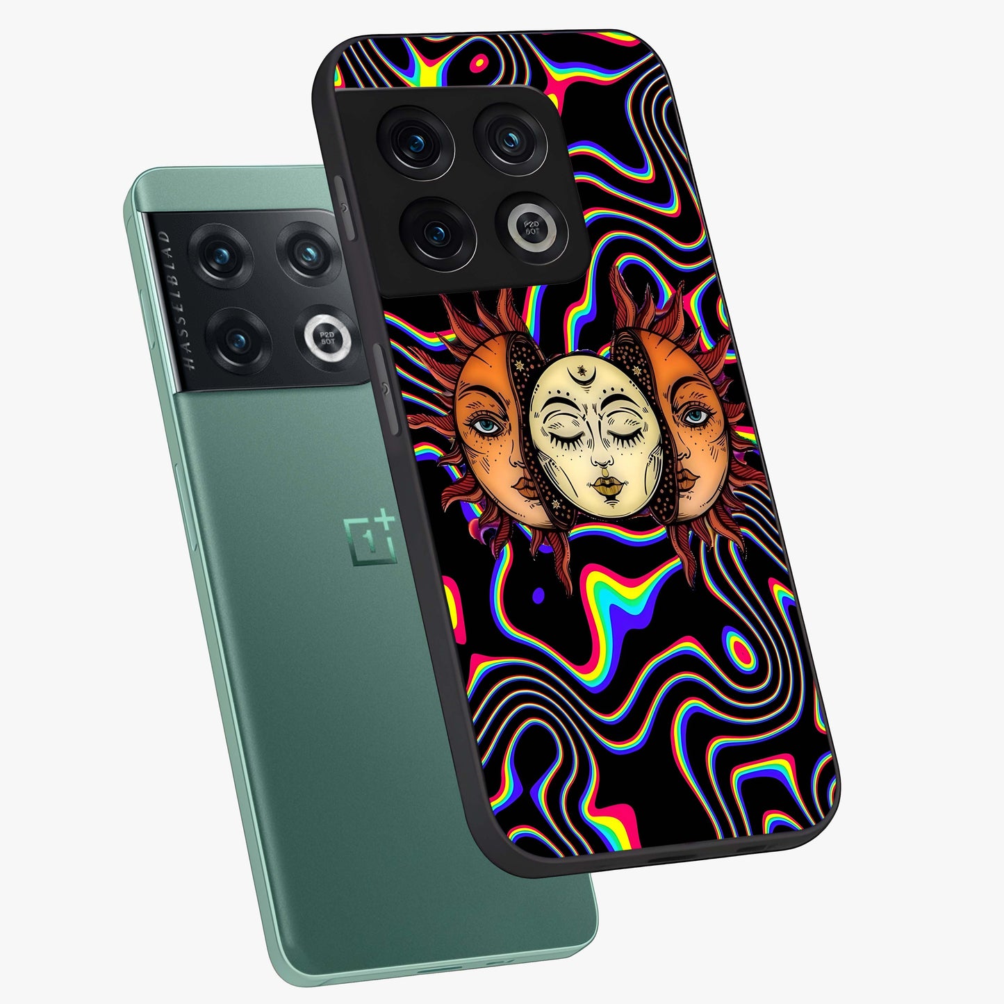Psychedelic Sun Glass Case displayed in angled mockup highlighting vibrant abstract sun design with artistic aesthetic style.
