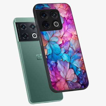 Radiant Floral Whirl Glass Case displayed in angled mockup highlighting vibrant flower pattern with dynamic artistic aesthetic.
