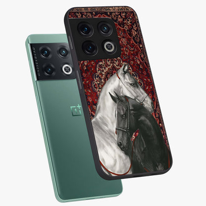 Regal Stallion Tapestry Glass Case displayed in angled mockup highlighting royal stallion design with decorative heritage aesthetic.