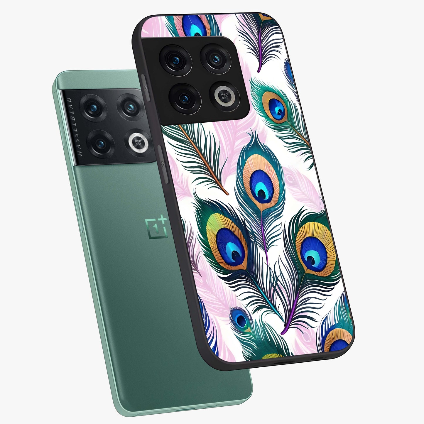 Royal Peacock Feathers Glass Case displayed in angled mockup highlighting vibrant feather pattern with regal aesthetic style.