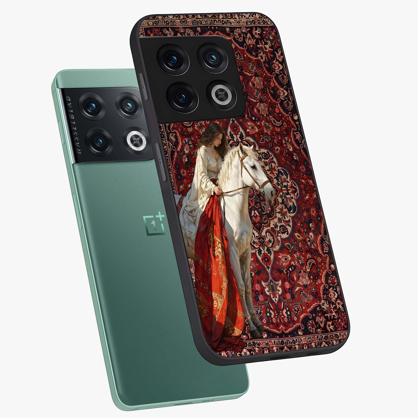 Royal Rider Tapestry Glass Case displayed in angled mockup highlighting traditional tapestry design with royal heritage aesthetic.