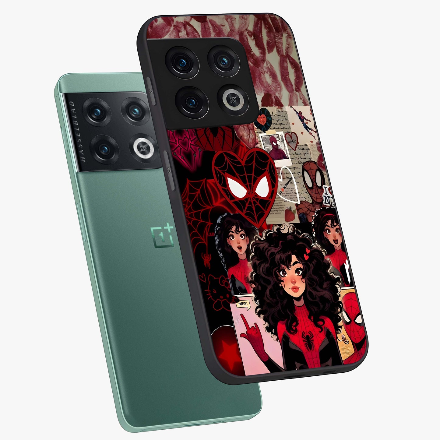 Spider Love Story Glass Case displayed in angled mockup highlighting expressive comic inspired design with playful aesthetic.