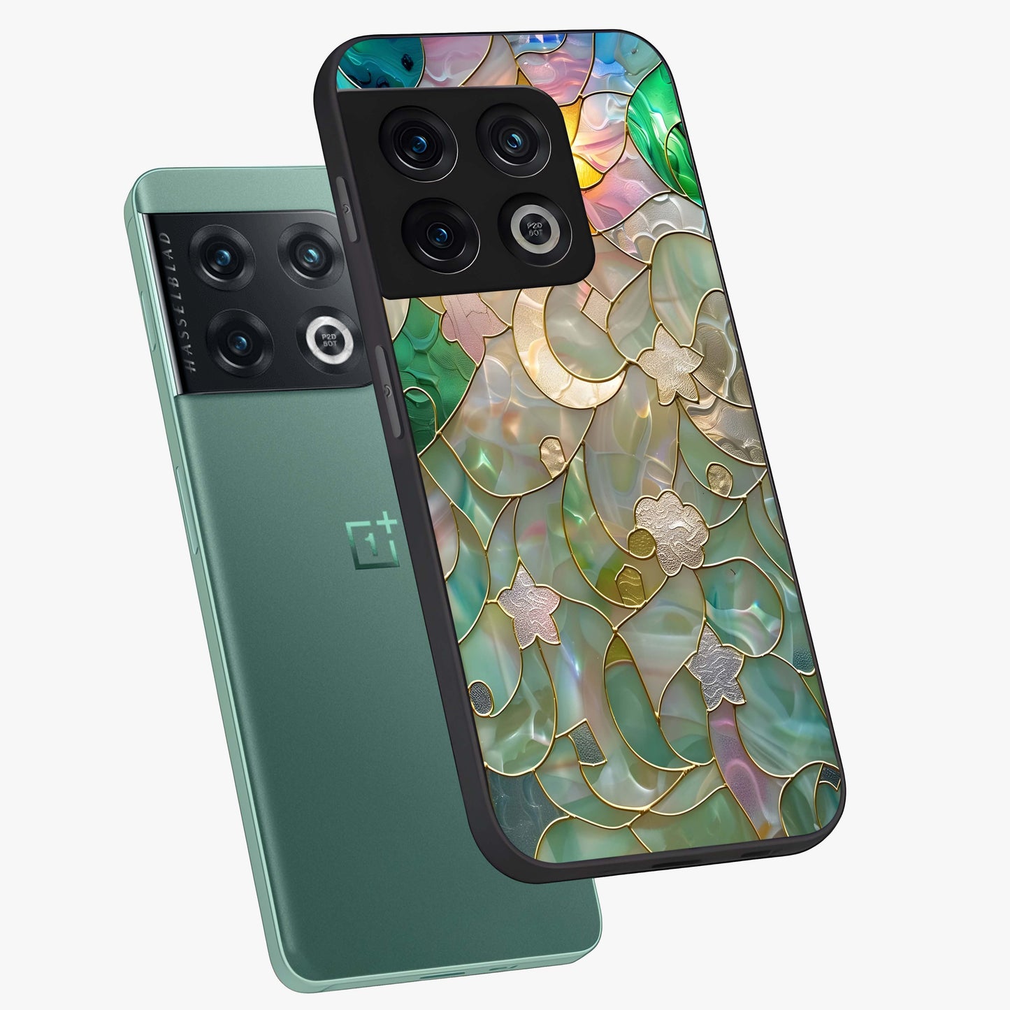 Stained Sunrise Glow Glass Case displayed in angled mockup highlighting radiant sunrise design with artistic aesthetic style.