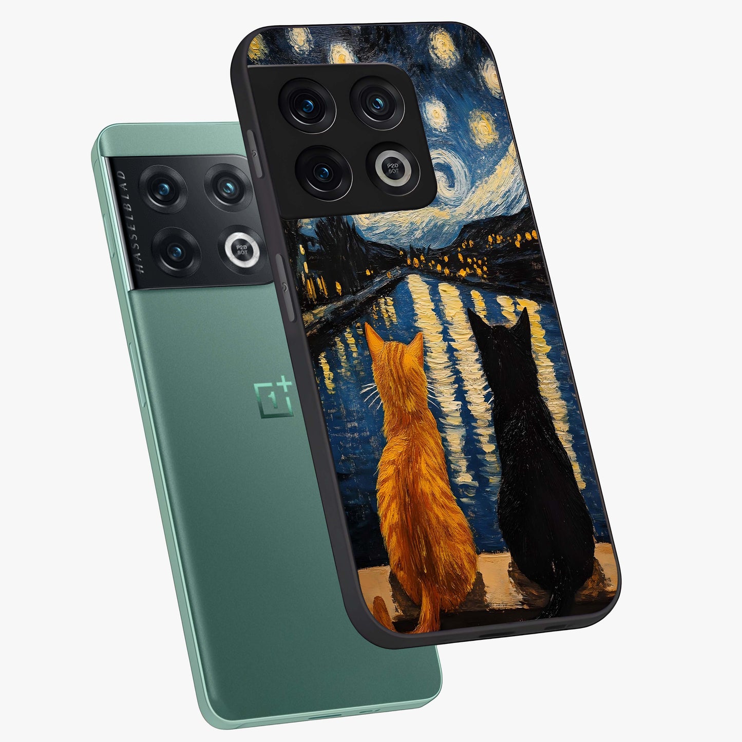 Starry River Cats Glass Case displayed in angled mockup highlighting charming feline illustration with dreamy night aesthetic.