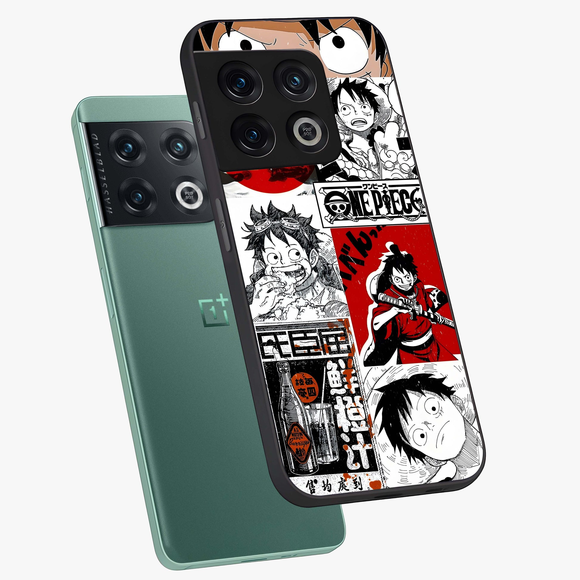 Strawhat Chaos Panels Glass Case displayed in angled mockup highlighting vibrant anime collage design with action aesthetic.