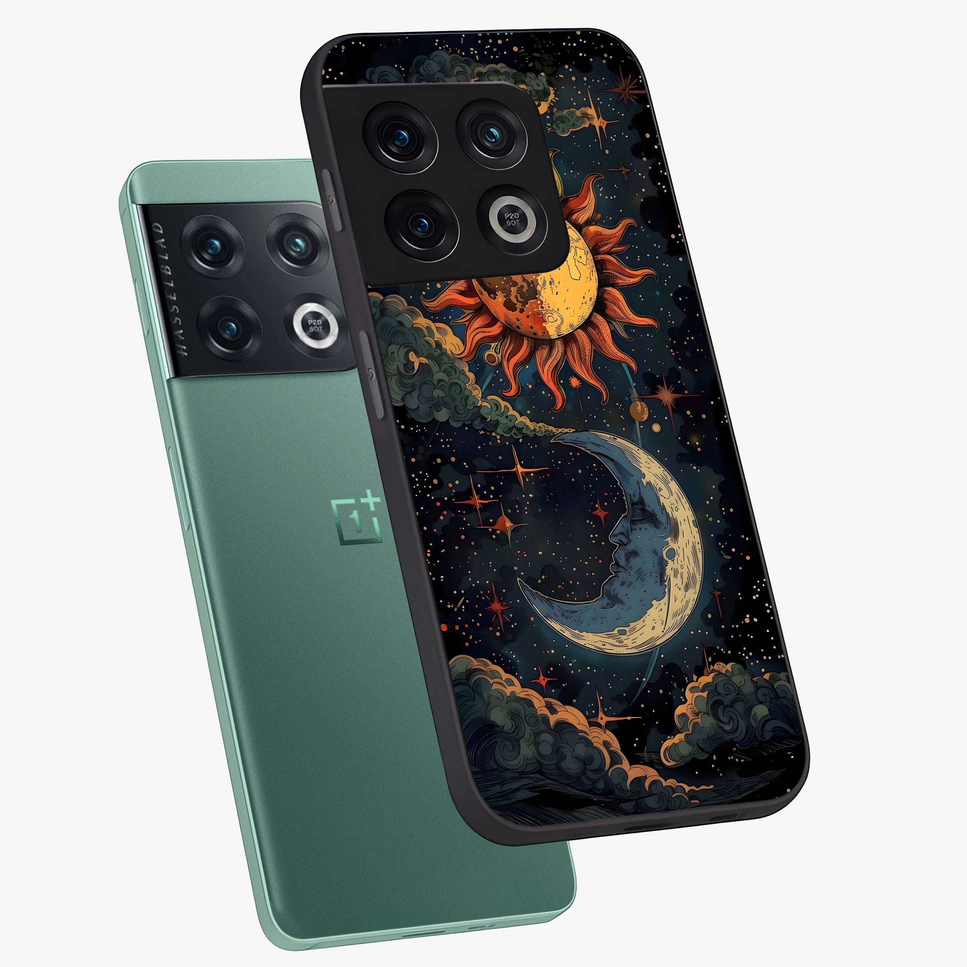 Sun And Moon Magic Design Glass Case displayed in angled mockup highlighting celestial design with magical cosmic aesthetic.