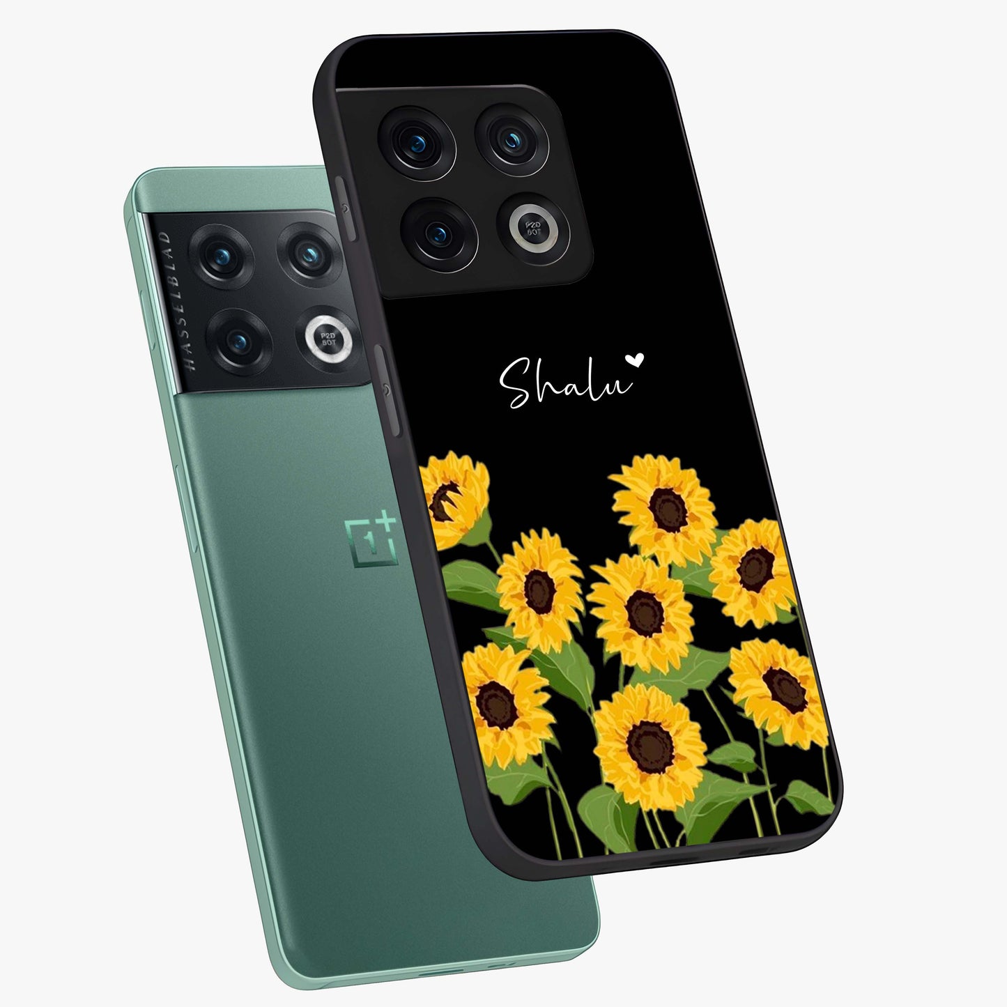 Sunflower Chic Mood Custom Name Glass Case displayed in angled mockup highlighting vibrant sunflower design with custom name feature.