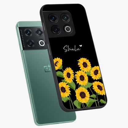 Sunflower Chic Mood Custom Name Glass Case displayed in angled mockup highlighting vibrant sunflower design with custom name feature.