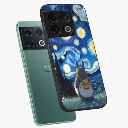 Totoro In Van Gogh Art Glass Case displayed in angled mockup highlighting artistic swirling sky design with playful animation aesthetic.