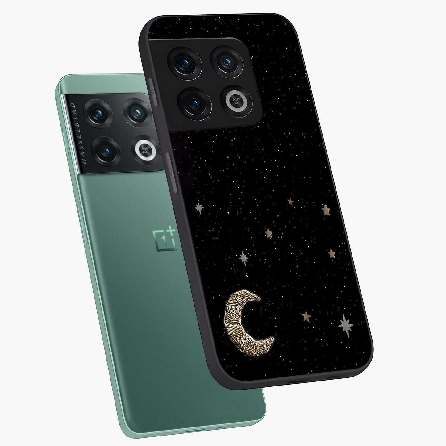 Twinkle Star With Half Moon Glass Case displayed in angled mockup highlighting celestial moon and star design with magical aesthetic.