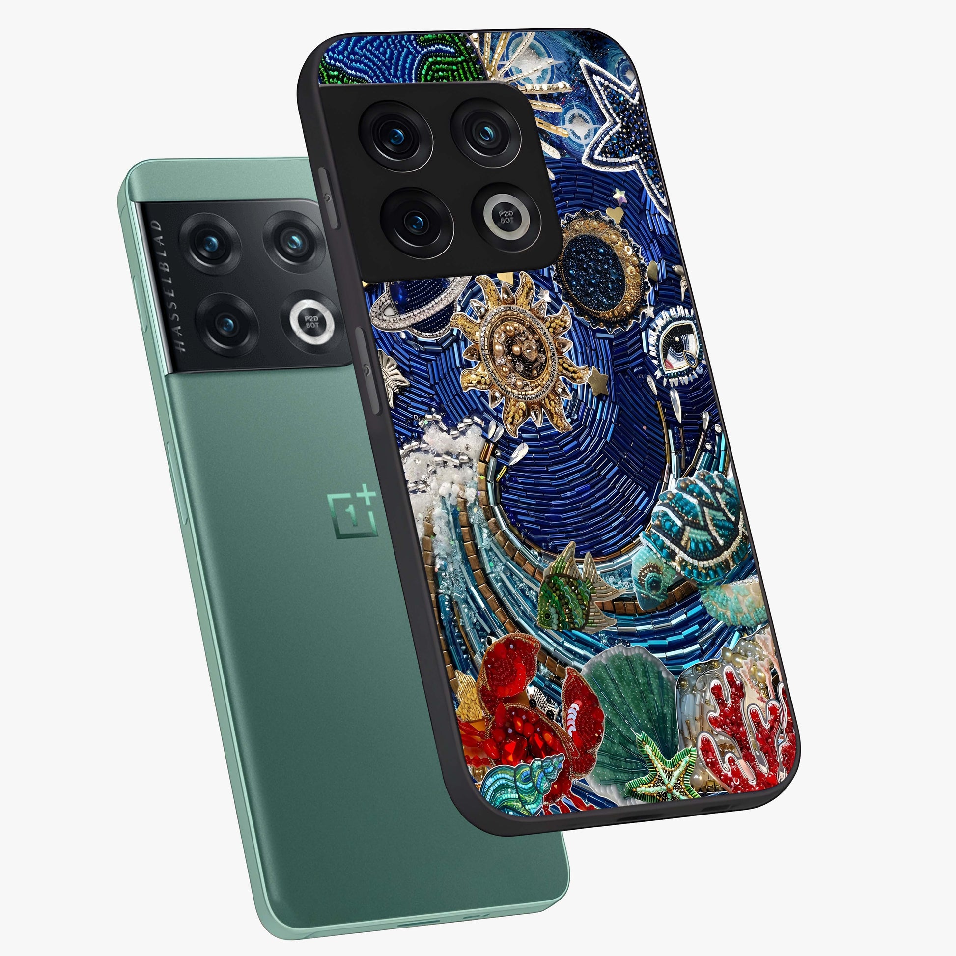 Universe Underwater Spark Glass Case displayed in angled mockup highlighting glowing aquatic design with celestial aesthetic.