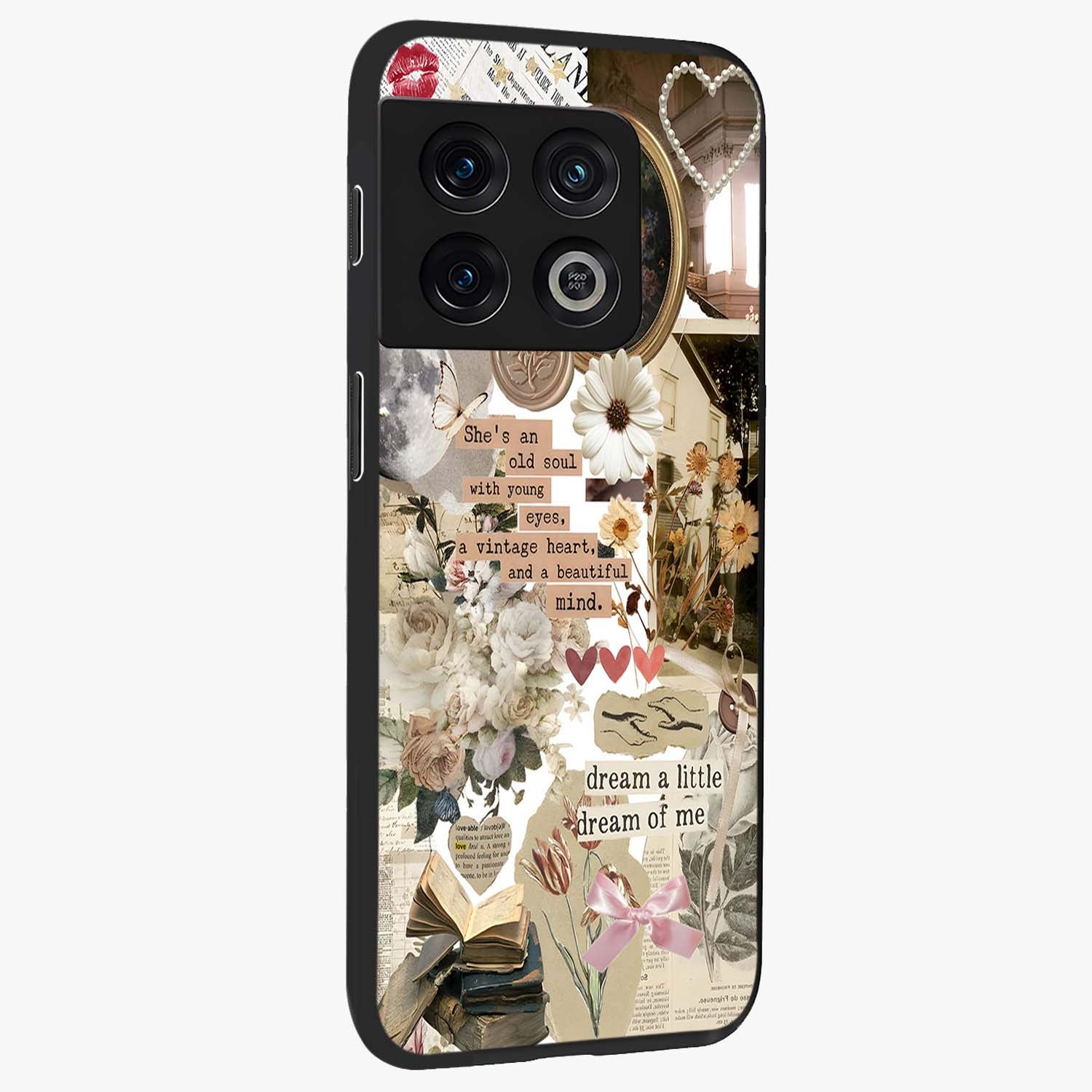 Aesthetic Brown Vintage Collage Glass Case upright view showcasing nostalgic retro artwork with stylish vintage theme.