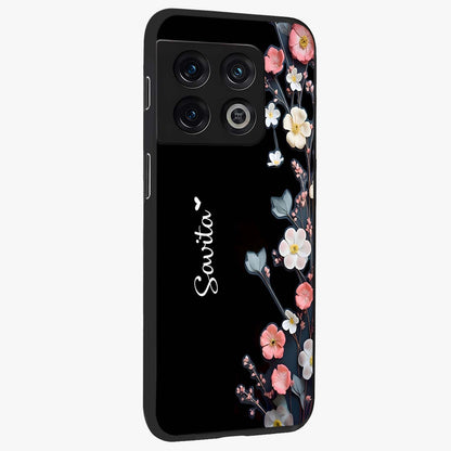 Black Elegance Floral Custom Name Glass Case upright view showcasing luxurious black floral design with personalized name detail.