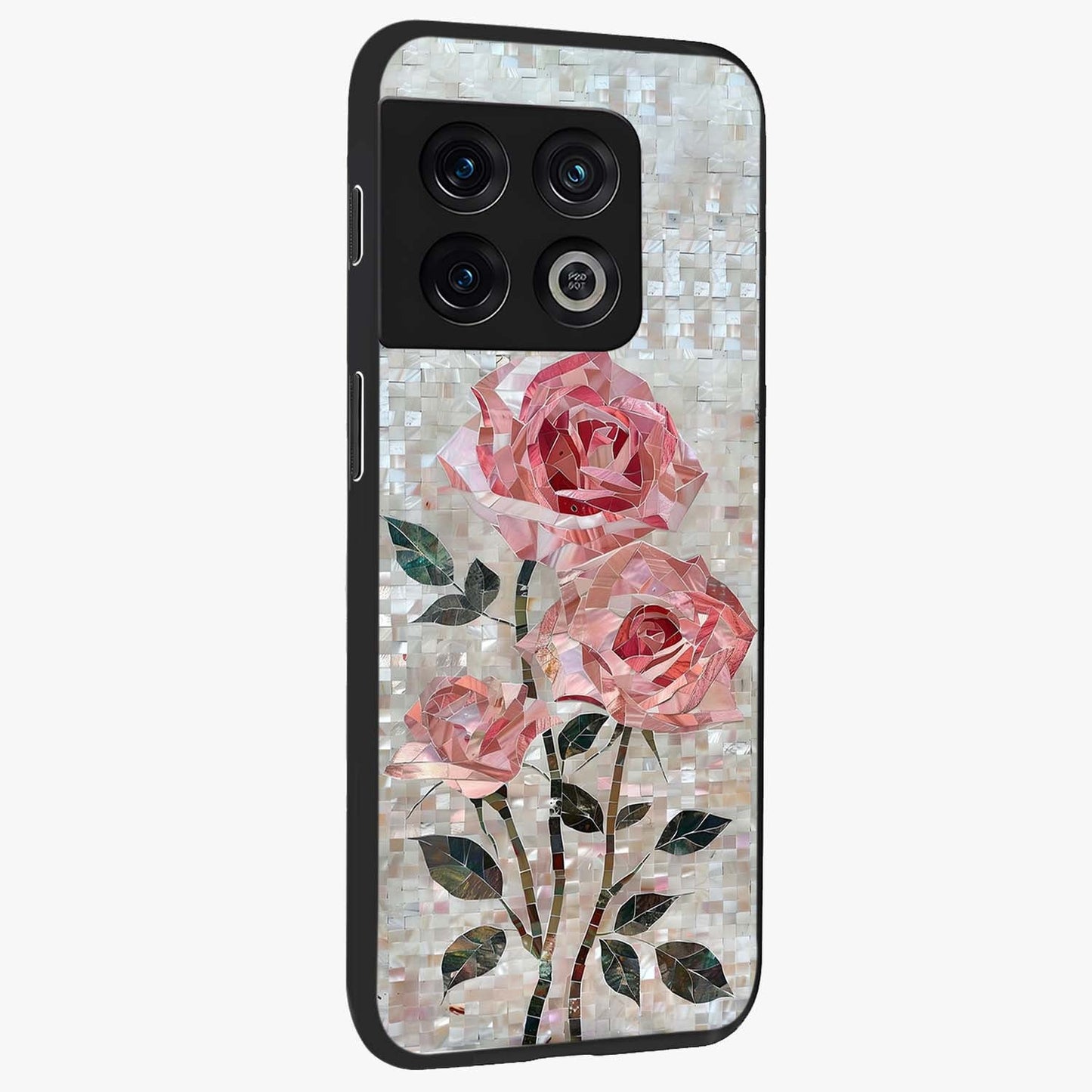 Blush Mosaic Bloom Glass Case upright view showcasing decorative floral mosaic artwork with stylish modern aesthetic.