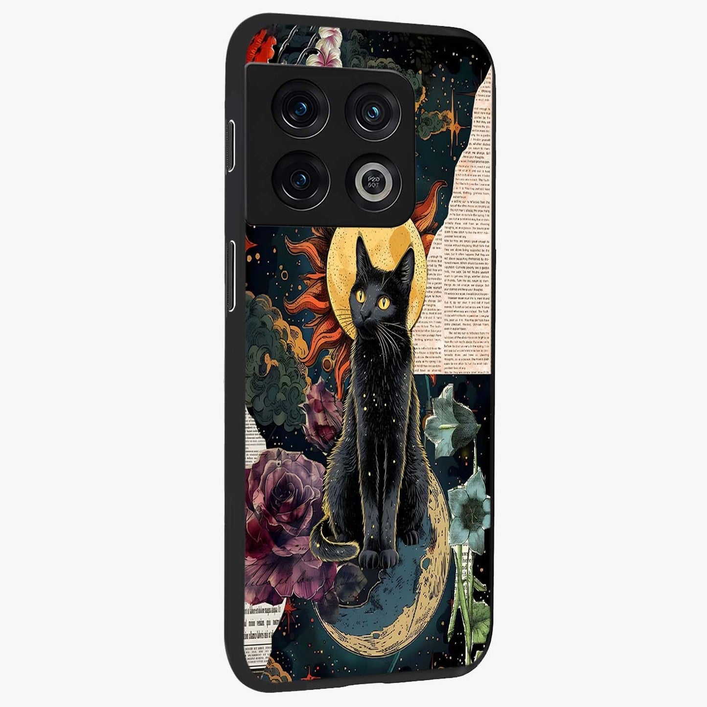 Celestial Black Cat Glass Case upright view showcasing magical black cat illustration with starry cosmic theme.