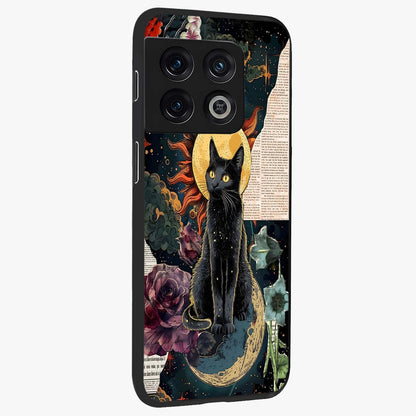 Celestial Black Cat Glass Case upright view showcasing magical black cat illustration with starry cosmic theme.