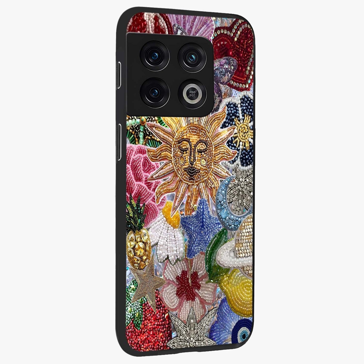 Celestial Floral and Playful Glass Case upright view showcasing whimsical floral artwork with cosmic aesthetic theme.