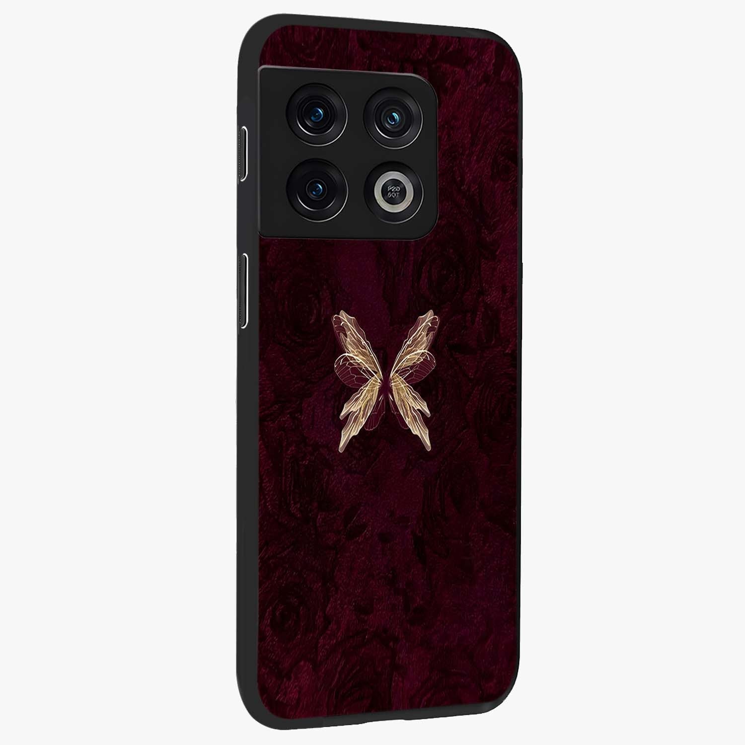 Crimson Fade Butterfly Glass Case upright view showcasing graceful butterfly artwork with soft crimson fade effect.
