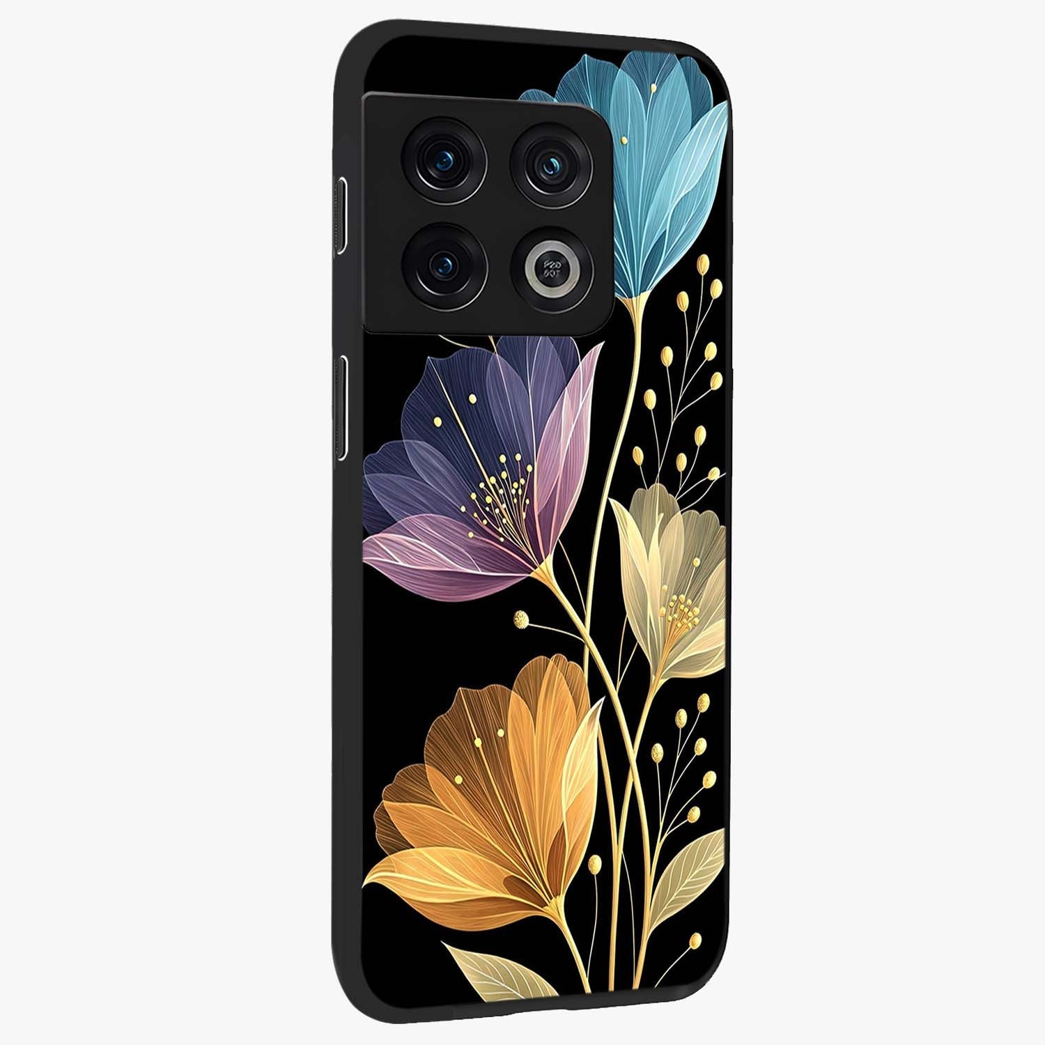 Delicate Multicolor Flowers Glass Case upright view showcasing delicate floral artwork with bright botanical theme.