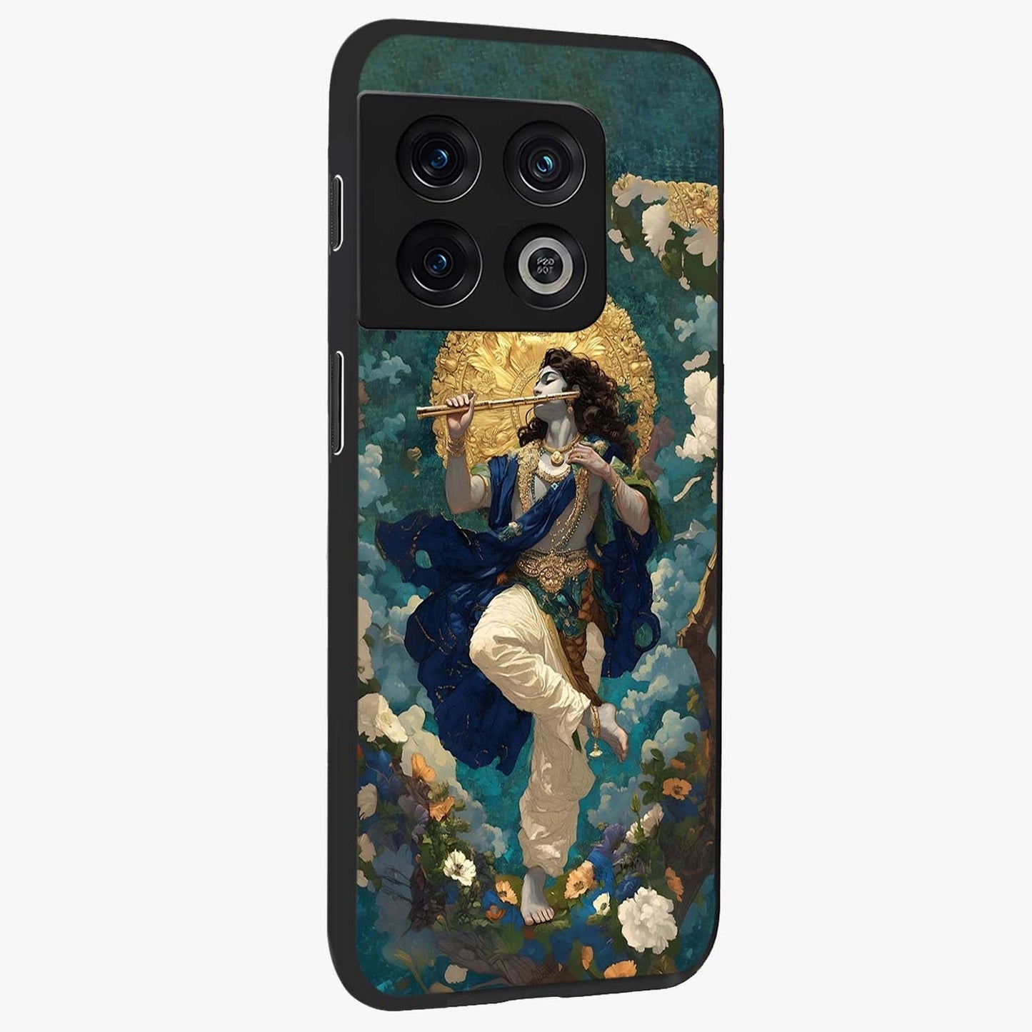 Divine Krishna Art Glass Case upright view showcasing divine Krishna artwork with sacred artistic theme.