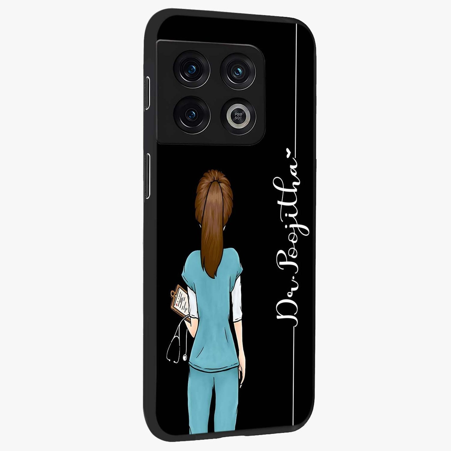 Doctor Pattern Custom Name Glass Case upright view showcasing healthcare themed design with personalized aesthetic.