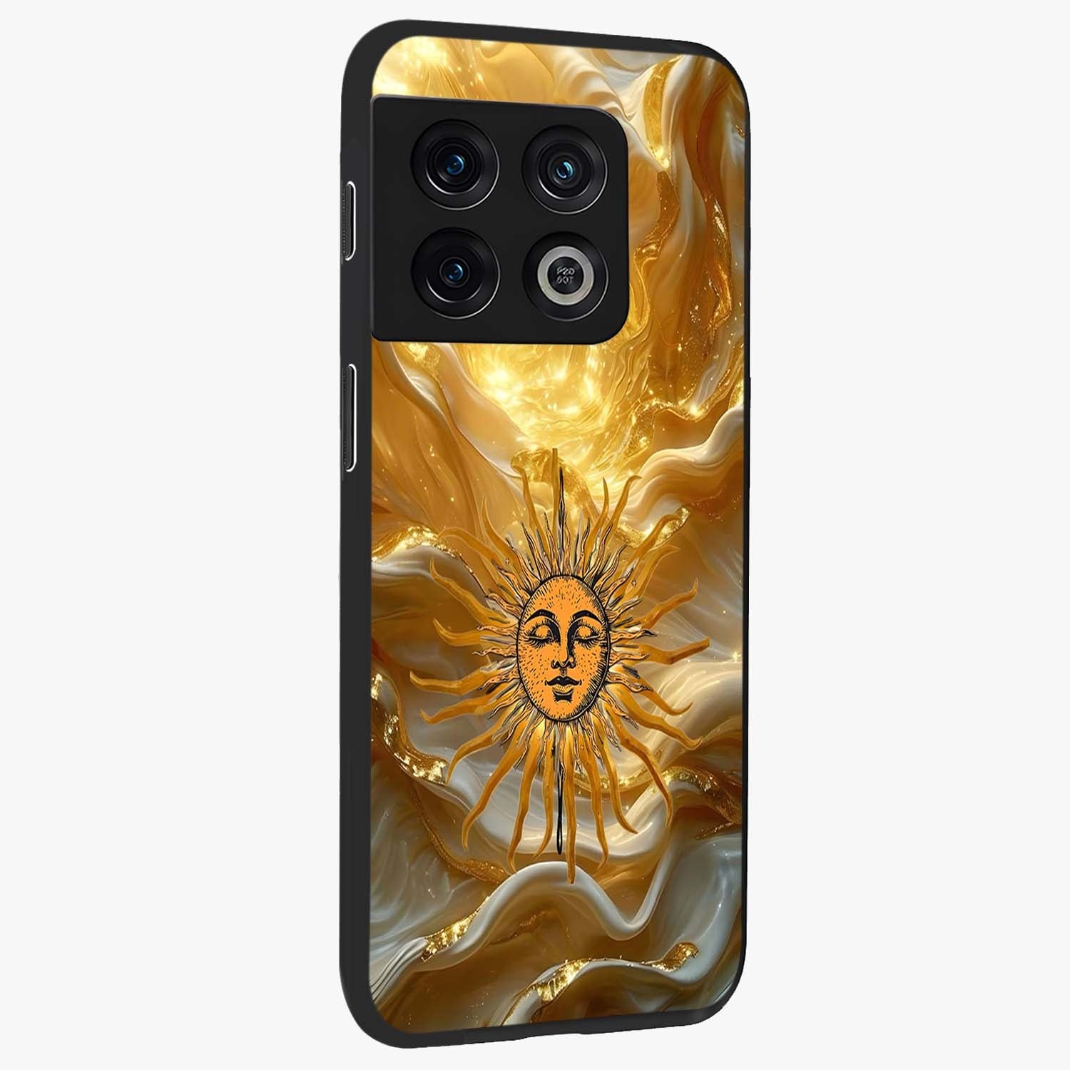 Eternal Golden Glow Glass Case upright view showcasing luminous golden artwork with luxurious visual theme.