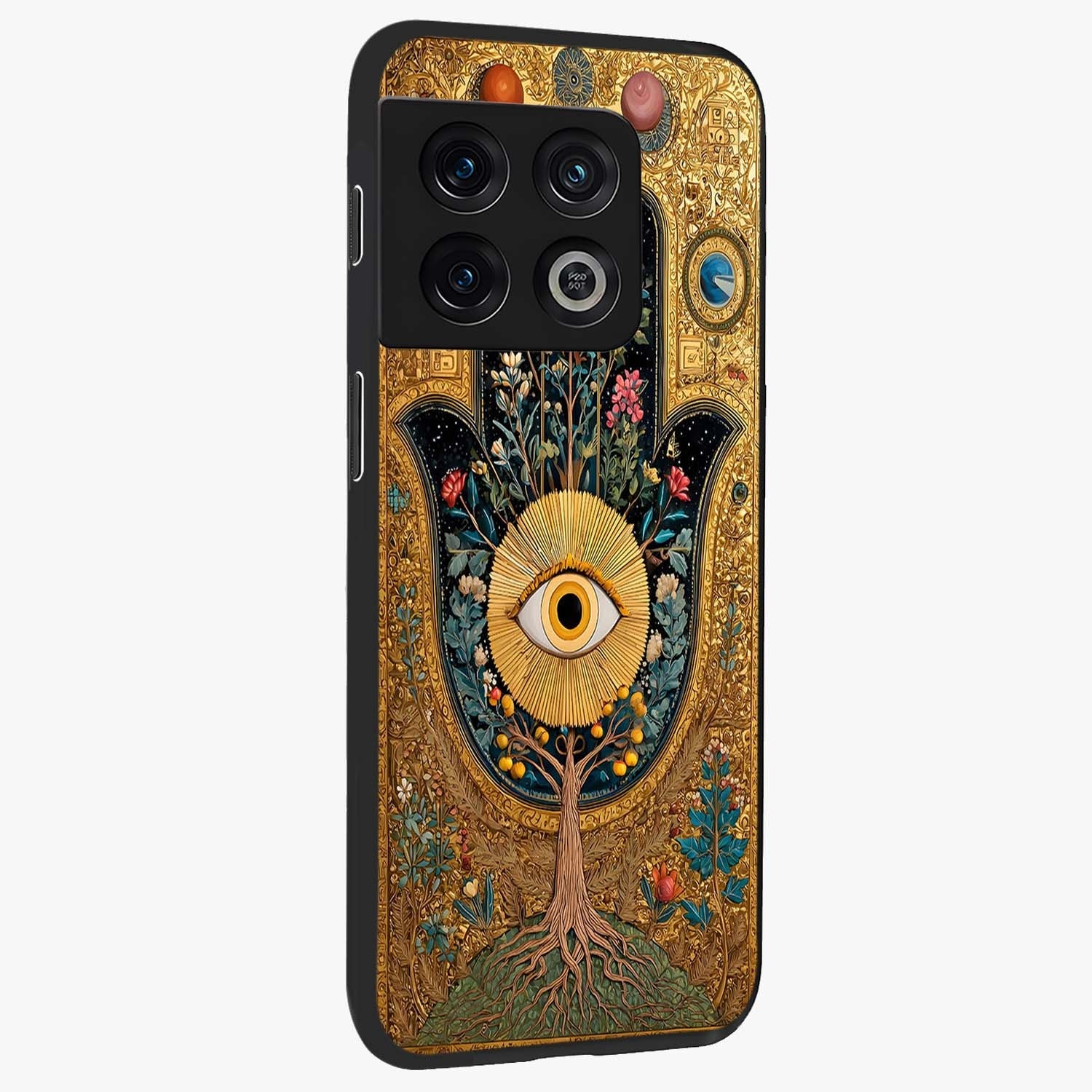 Ethereal Evil Eye Glass Case upright view showcasing celestial evil eye artwork with mystical theme.