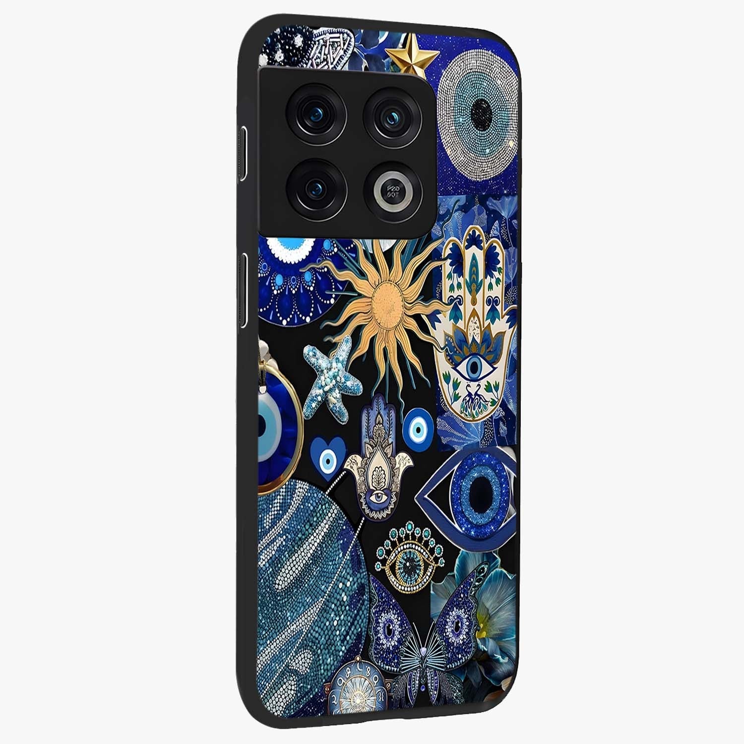 Evil Eye Charm Mix Glass Case upright view showcasing mystical evil eye pattern with vibrant decorative style.